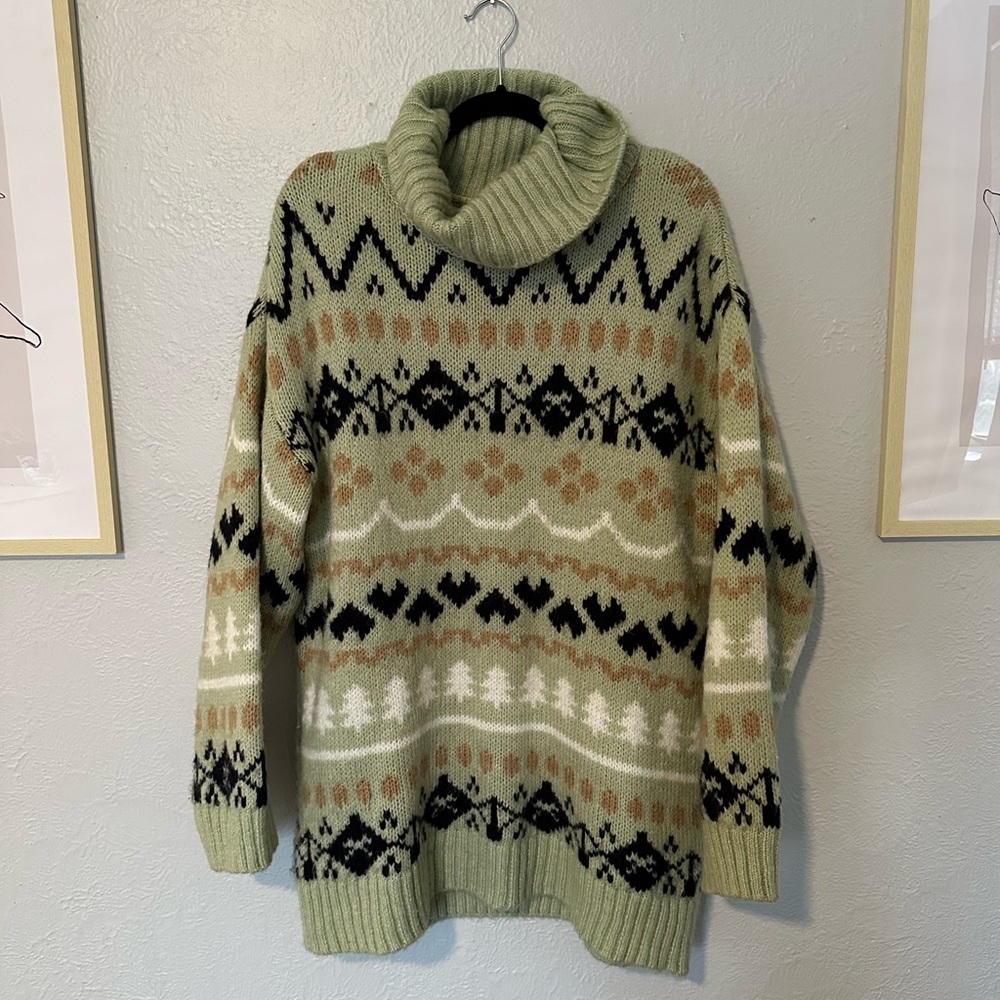 Anthropologie Cozy Knit Turtleneck Sweater - Green Pattern